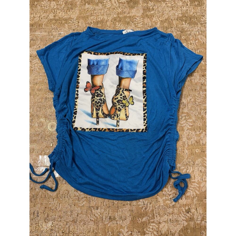 Women Coquette Short Sleeve T Shirt Graphic Shoes Rhinestones Top Blue sz M